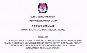 PENGUMUMAN: Calon Anggota PPK Terpilih Dalam Pemilihan Gubernur dan Wakil Gubernur Sulawesi Utara serta Bupati dan Wakil Bupati Minahasa Urara Tahun 2020 di Komisi Pemilihan Umum Kabupaten Minahasa Utara