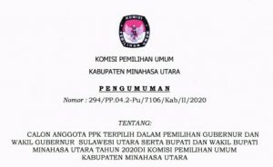 PENGUMUMAN: CALON ANGGOTA PPK TERPILIH DALAM PEMILIHAN GUBERNUR DAN WAKIL GUBERNUR SULAWESI UTARA SERTA BUPATI DAN WAKIL BUPATI MINAHASA URARA TAHUN 2020 DI KOMISI PEMILIHAN UMUM KABUPATEN MINAHASA UTARA